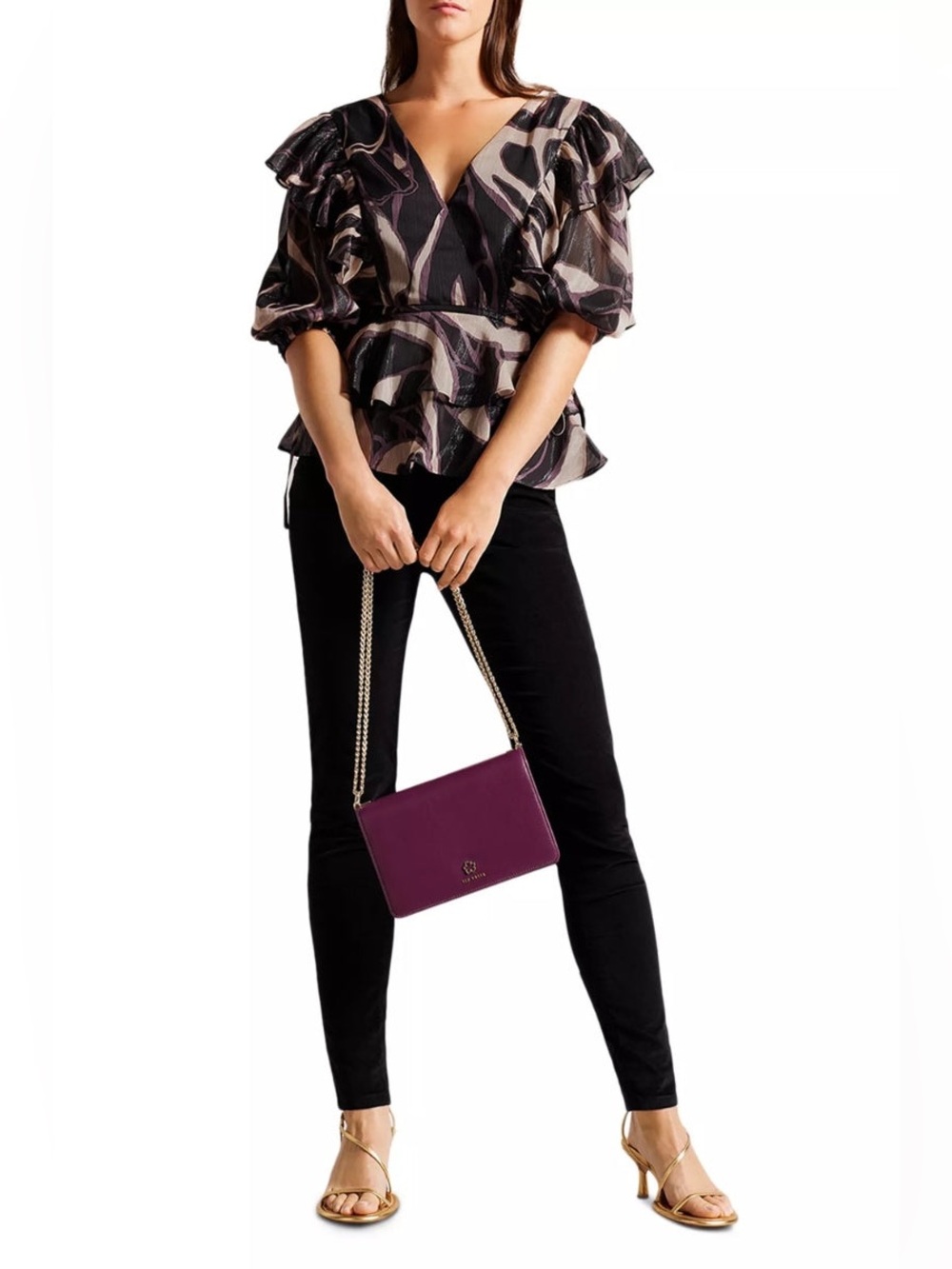 Ted Baker Women’s Jasmyna Wrap V-NeckBow V Back Cutout Puff Balloon Blouse Size3